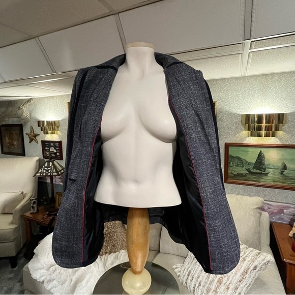 TOMMY HILFIGER Womens 10 Navy Blue Tweed Linen Look Jacket Blazer Lapel Logo Pin - Picture 6 of 16